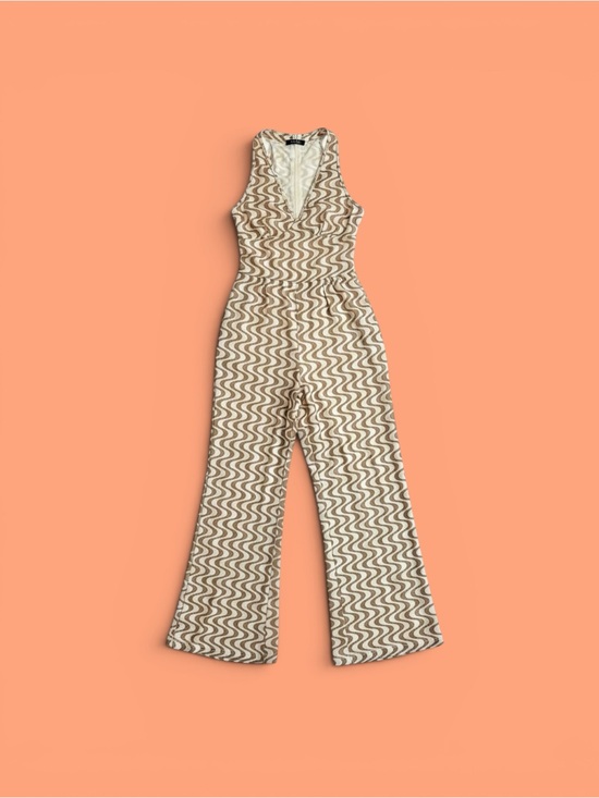 Pants - Sleeveless V-Neck Beige Wave-Print Jumpsuit
